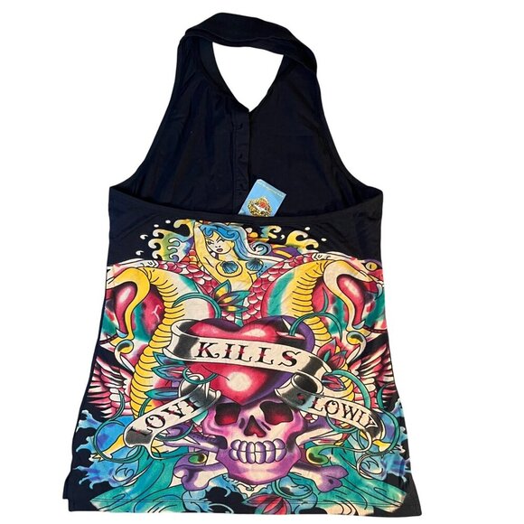 RARE Ed Hardy Womens Vintage Y2K Tattoo Wear Halter Collar Button Cotton T Large - Picture 1 of 10